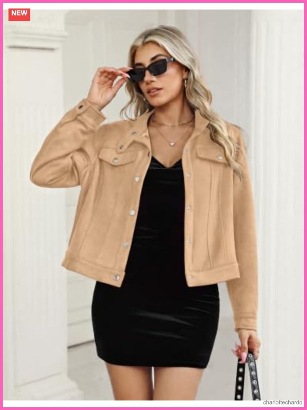 Faux Suede Cropped Jacket Snap Button Pockets Fall Shacket - Picture 4 of 6